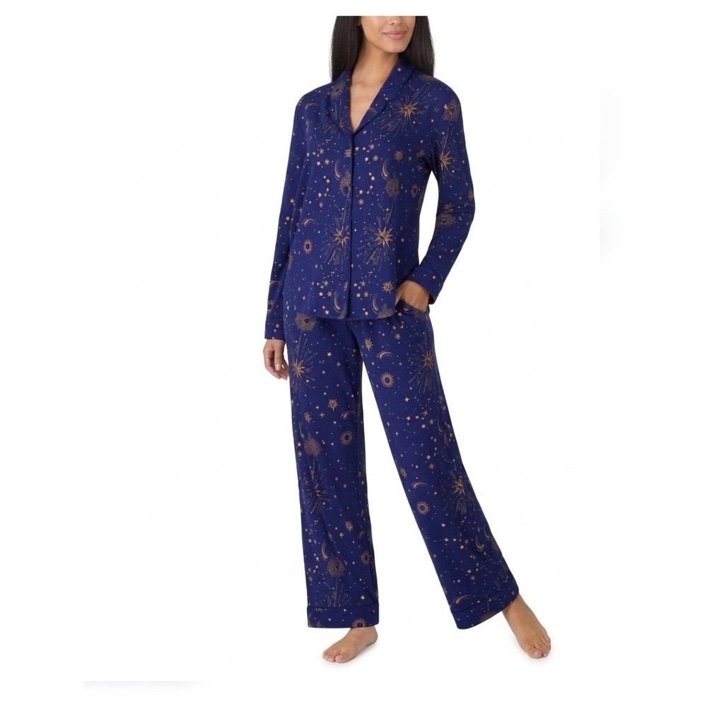 Room Service Womens Celestial Pajama Set Navy Blue Sun Moon‎ Stars Medium